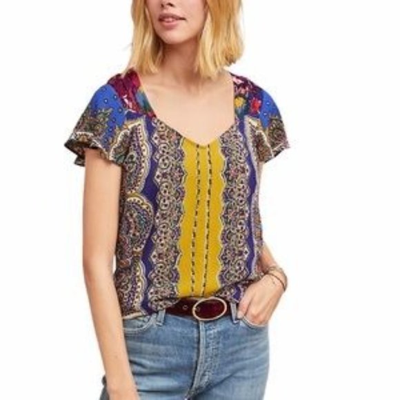 Anthropologie Moulinette Soeurs Teresita Scarf Printed Blouse Shirt Tunic Sz 4 - Picture 2 of 8